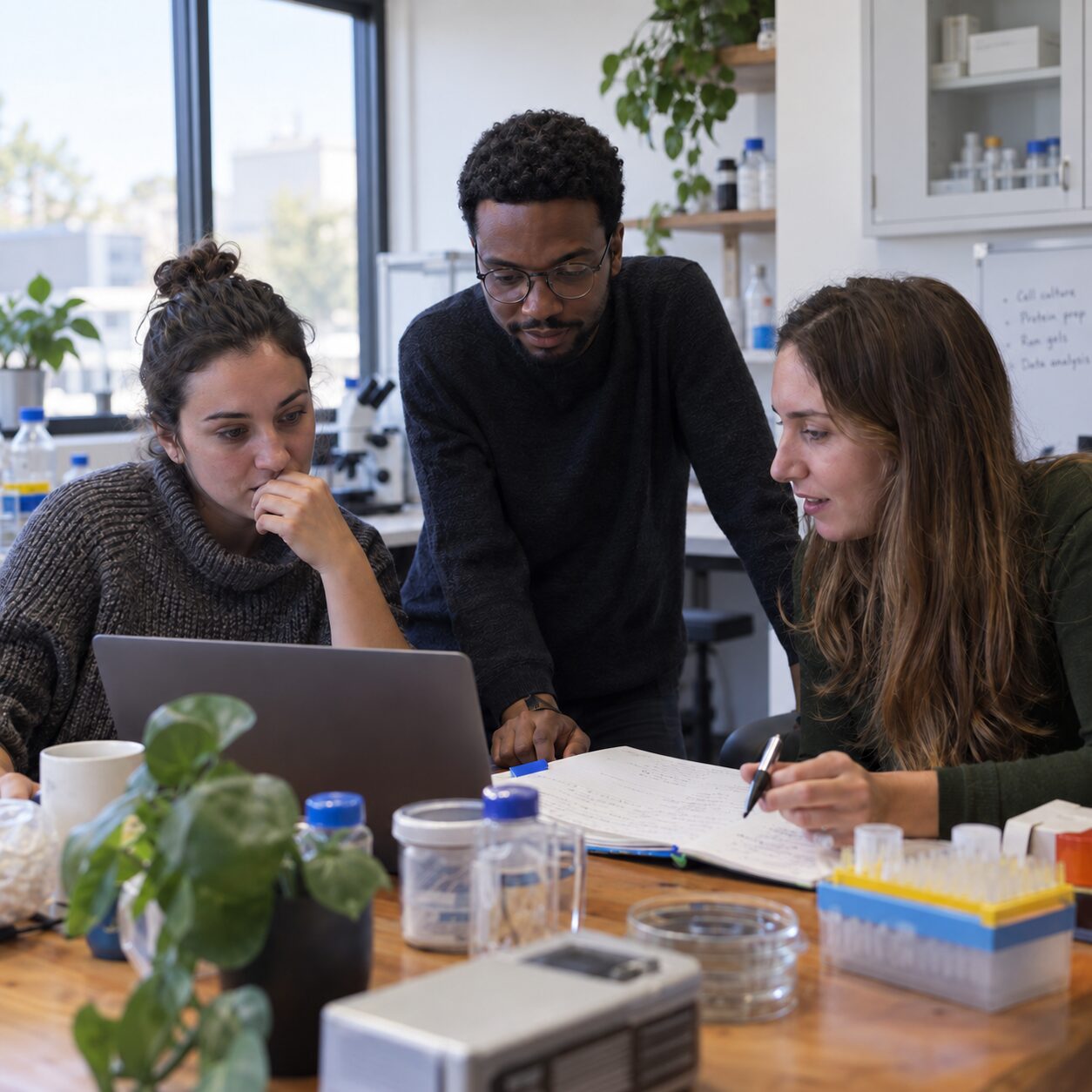 A small team reviewing research notes and a laptop in a biotechnology workspace.
