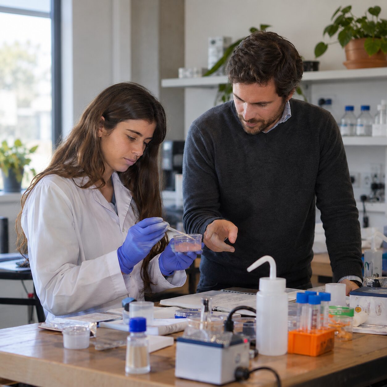 Two people examining a sample at a laboratory workbench in a biotechnology research setting.
