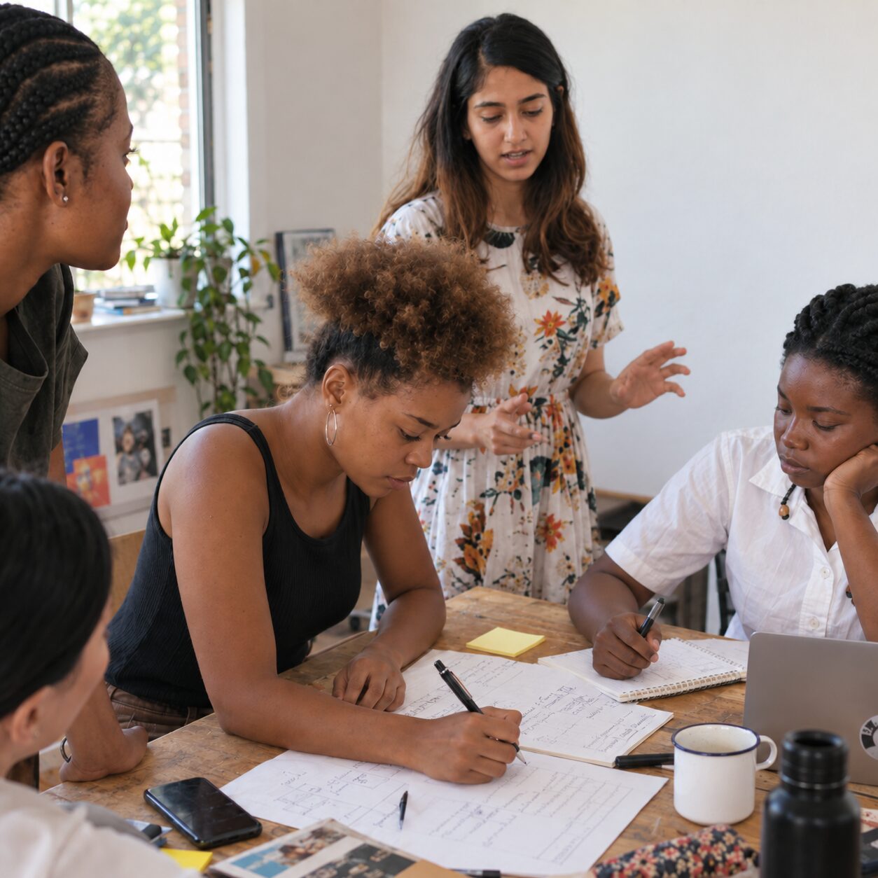 Group working together on notes and campaign ideas around a shared table in a creative workspace.