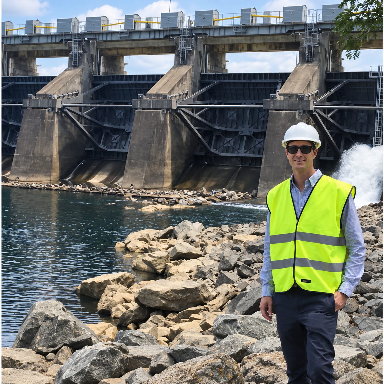 Clean energy professional visiting a hydroelectric or water infrastructure site in South Africa.