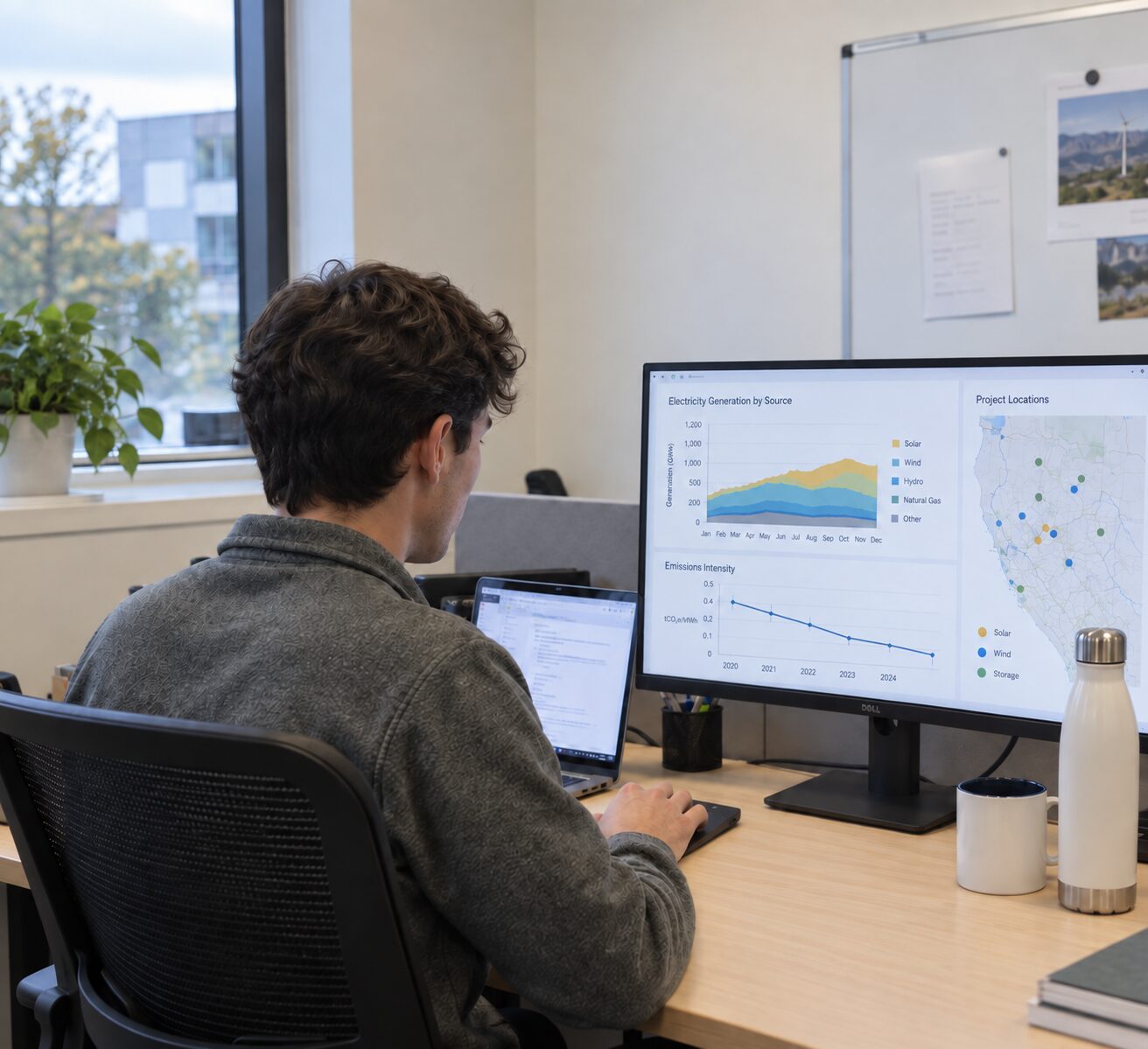 Person reviewing energy data and project information on a computer in an office workspace.