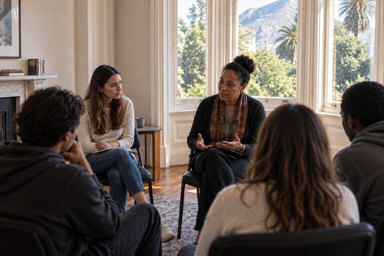 Illustrative group-therapy setting with a psychologist leading a discussion while a psychology intern observes in Cape Town.