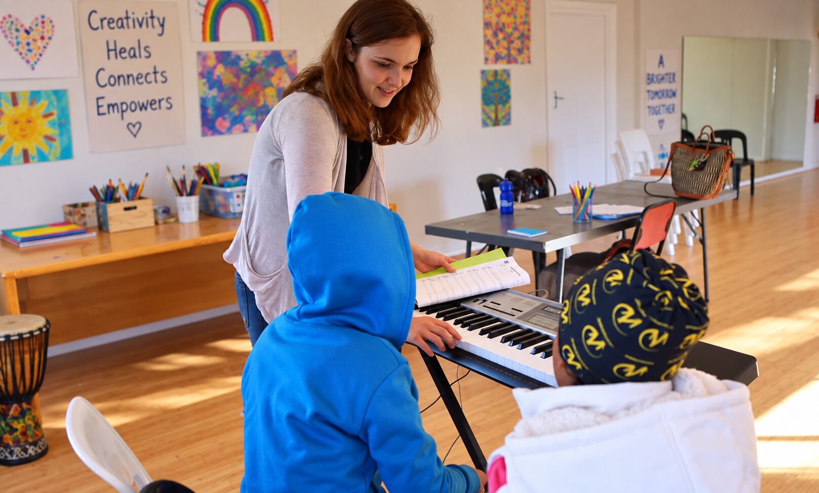 VAC psychology intern supporting children during a music and art therapy activity at a children’s home in Cape Town.