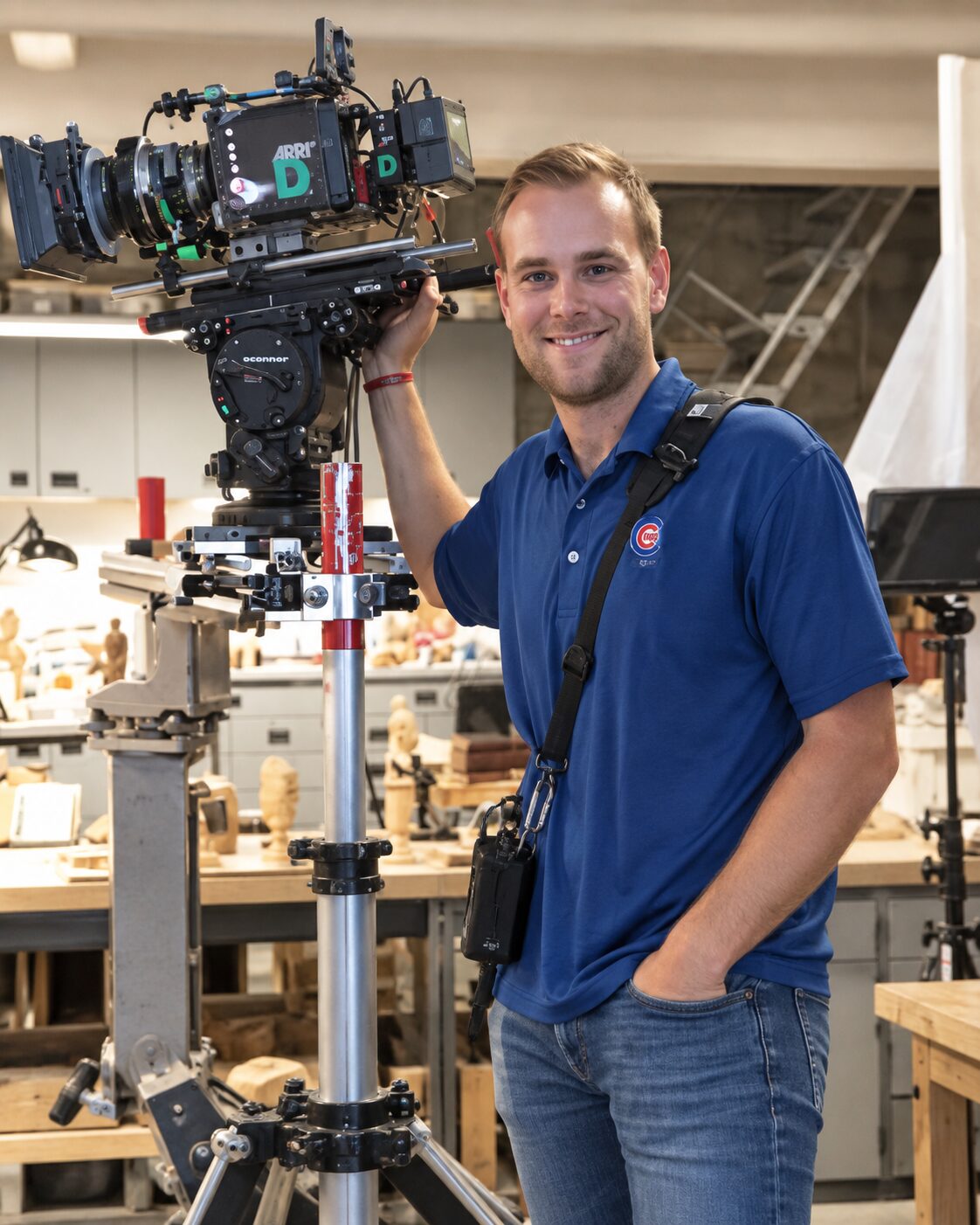 Film and media intern standing beside a professional cinema camera rig during a production placement in Cape Town.