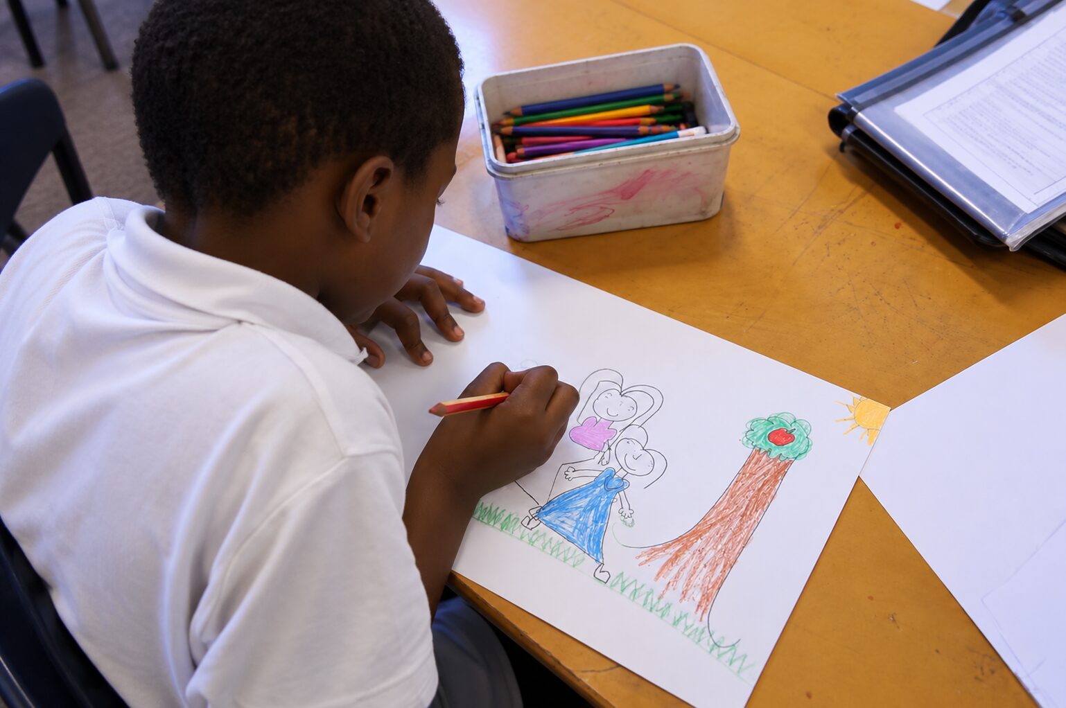 Primary school student completing a hands-on drawing activity at a classroom table