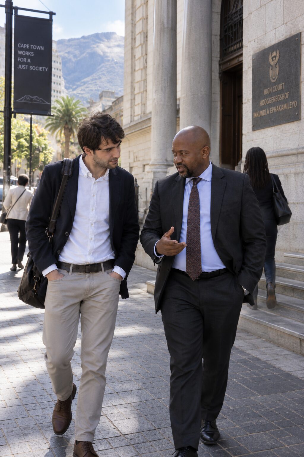Two legal professionals walking outside a courthouse in Cape Town.