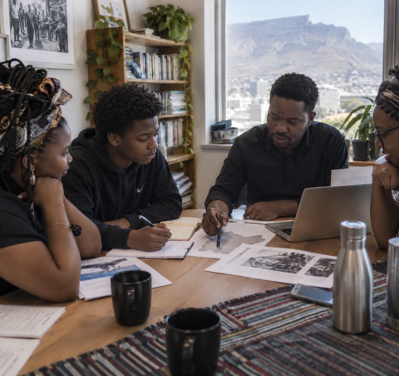 Illustration of a student in a collaborative office meeting related to policy or governance work.