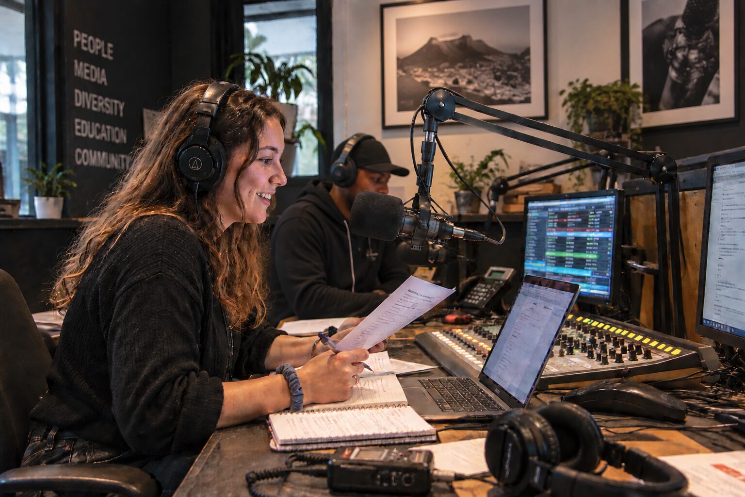 A presenter in headphones reads from a script at a community radio desk, with a boom microphone, mixing desk and monitors