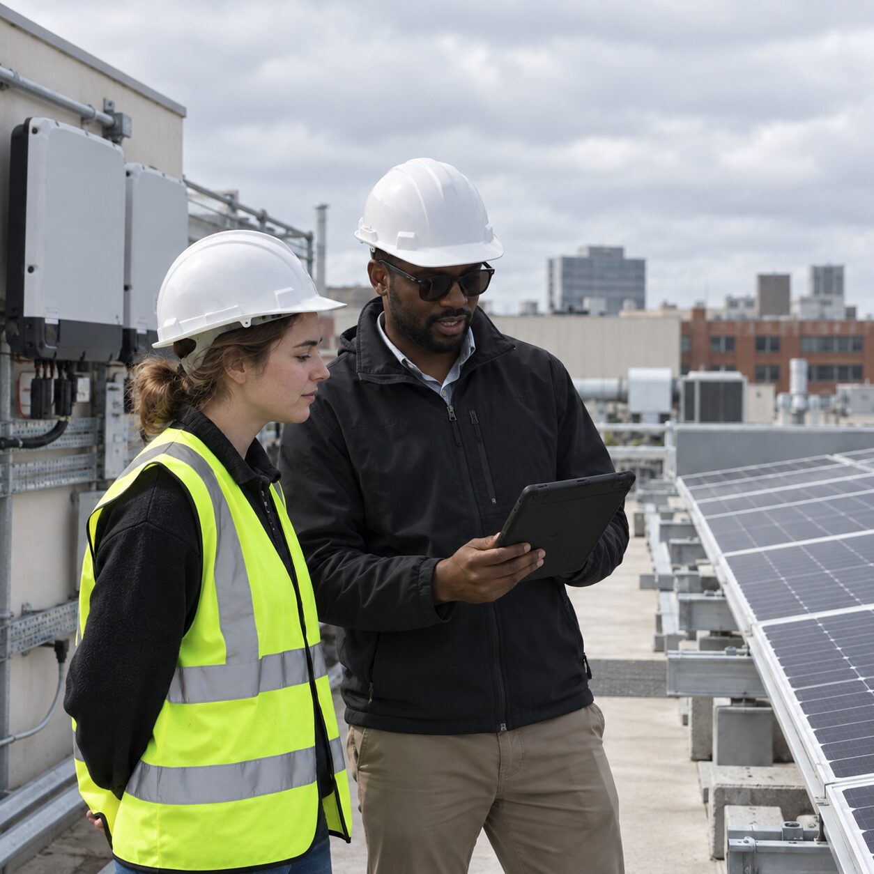 Two people reviewing a rooftop solar installation during a clean energy site visit.