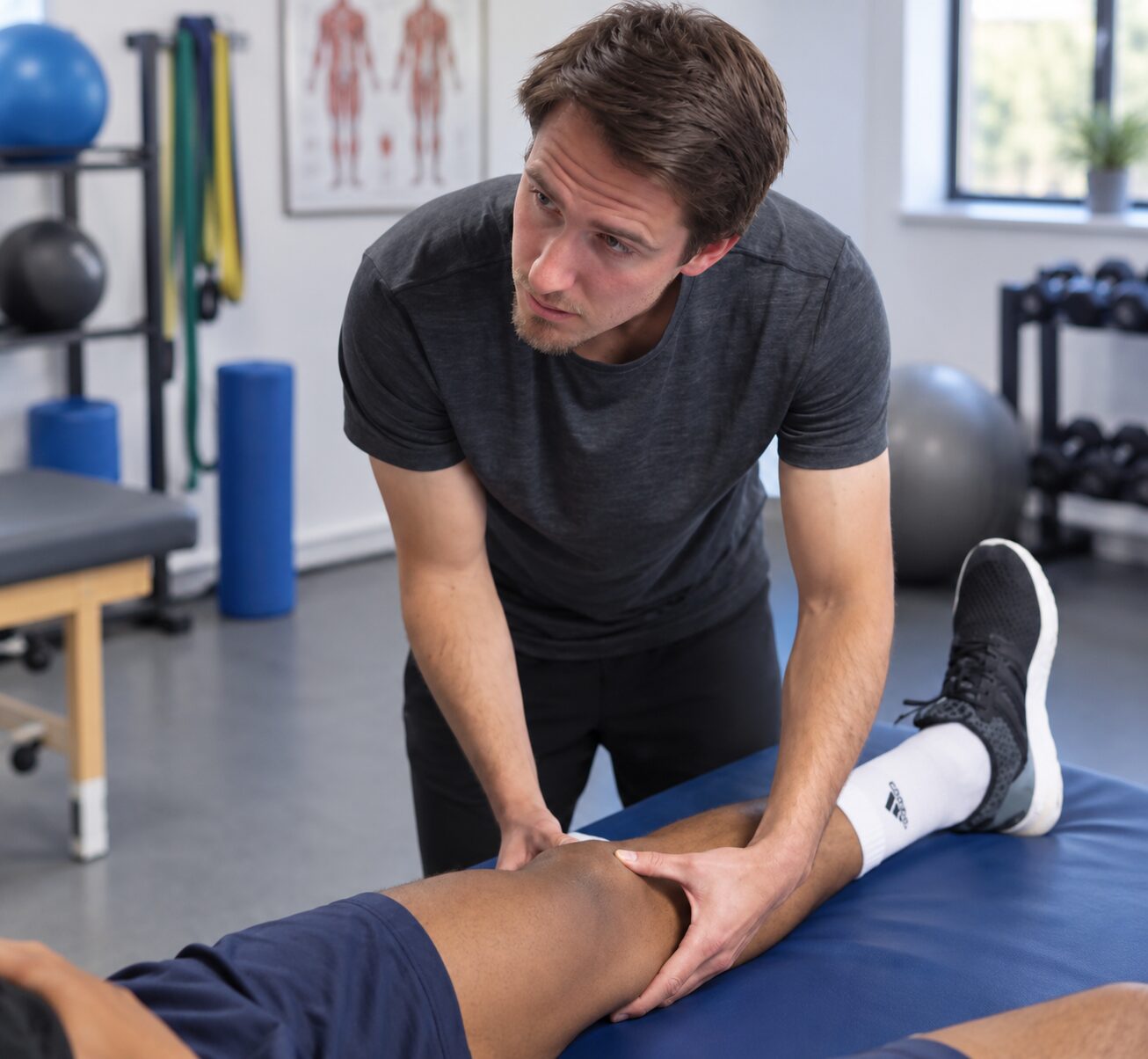 Physical Therapy intern supporting a patient during a strength and rehabilitation exercise in Cape Town