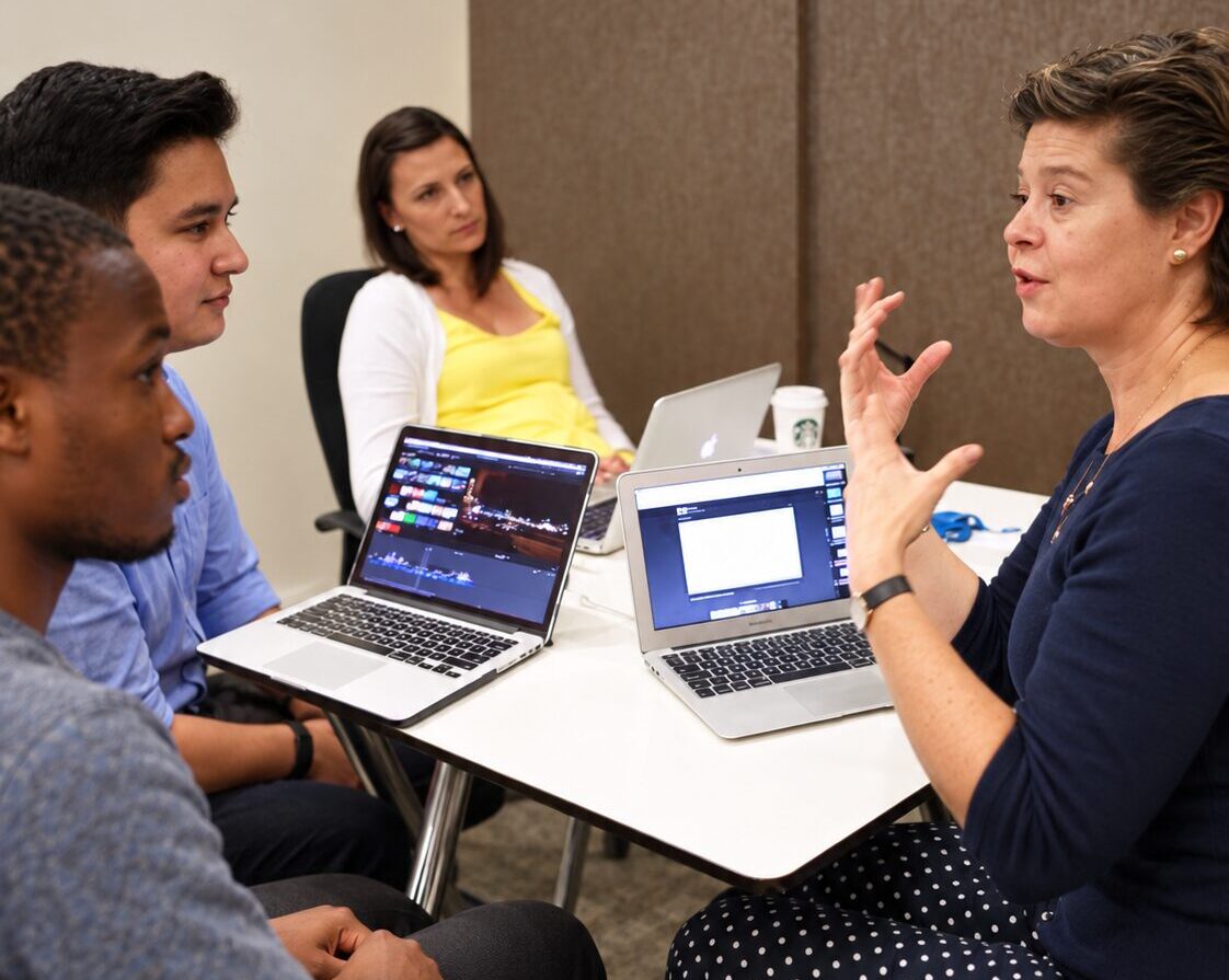 VAC business interns working with a supervisor around laptops at a Cape Town placement