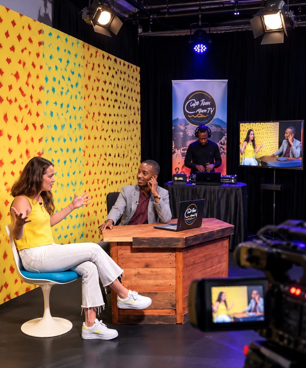 Journalism intern mid-interview with a presenter at a studio desk while a camera and sound operator record the show.
