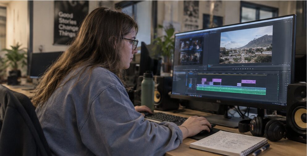 Behind-the-scenes film production setup with a cinema camera, monitor, lighting and sound equipment.