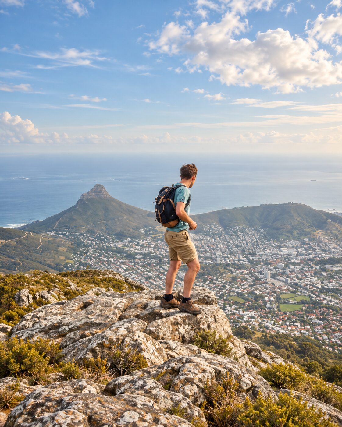 Person hiking on Table Mountain above Cape Town.