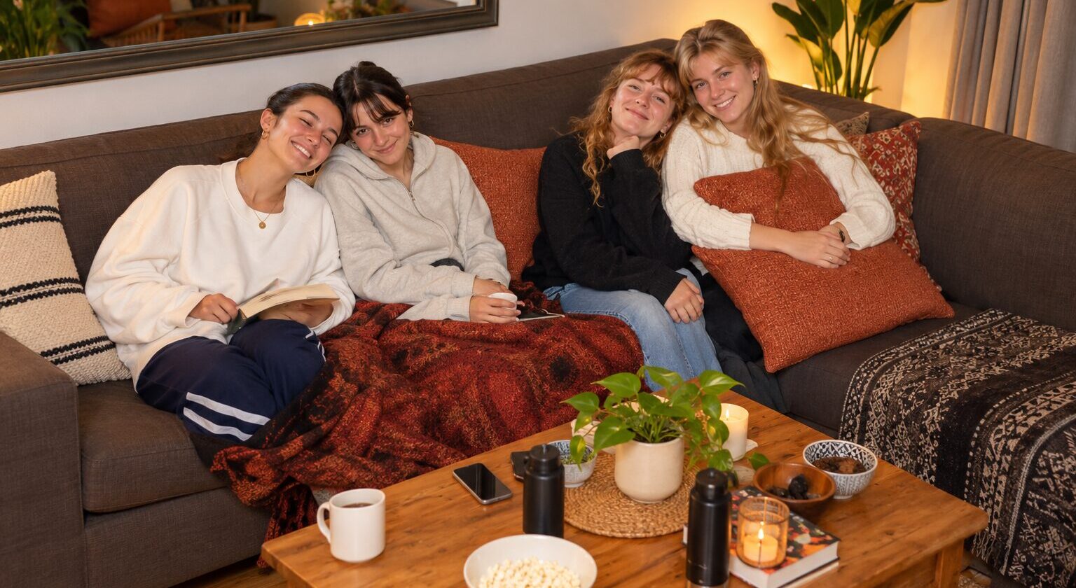 A group of VAC interns having tea and snacks in the living area of one of the VAC program houses