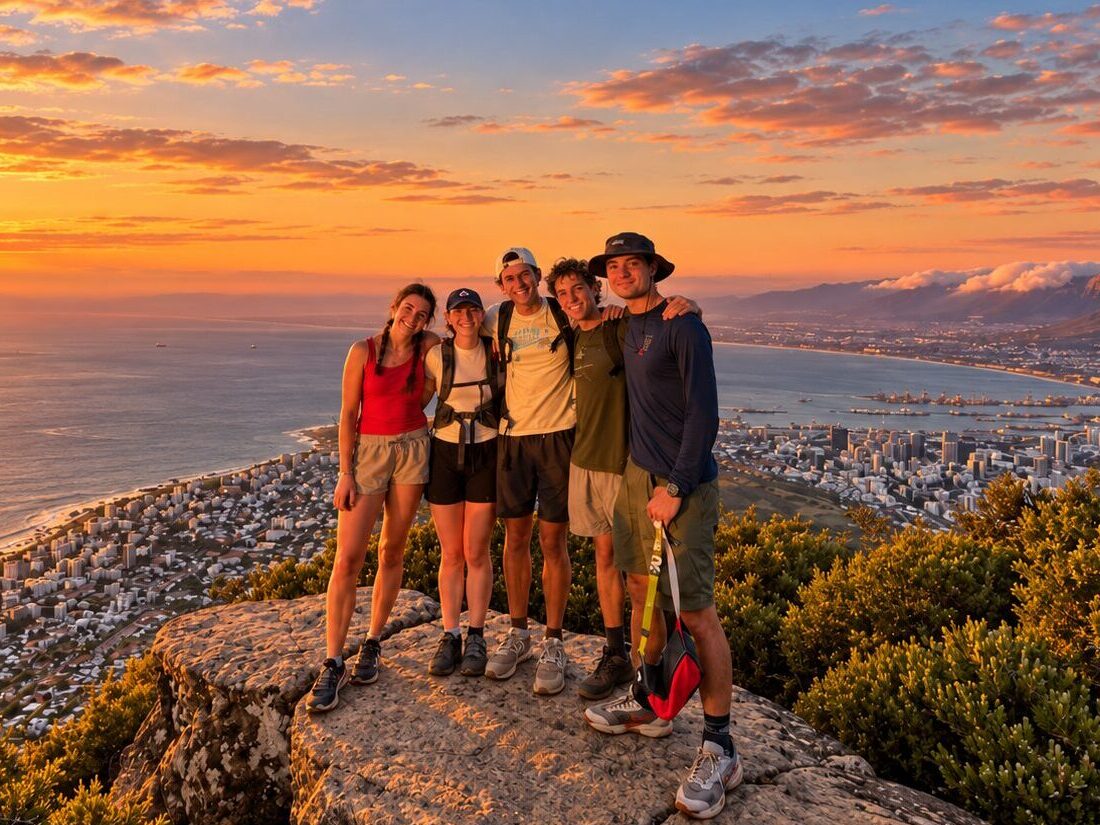 Group hiking Lions Head at sunset in Cape Town.